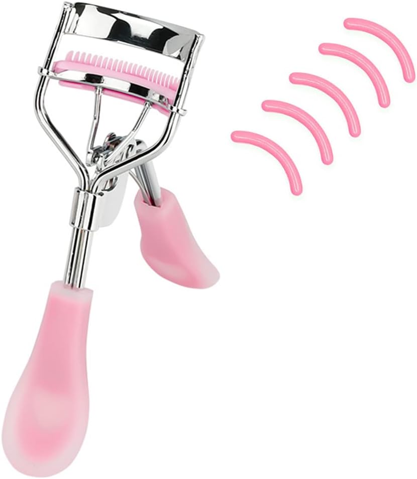 Stainless Steel Eyelash Curler with Built-in Comb Pinch Pain-Free Suitable for Any Eye Shapes and Sizes, with 5 Silicone Refill Pads (Light Pink)