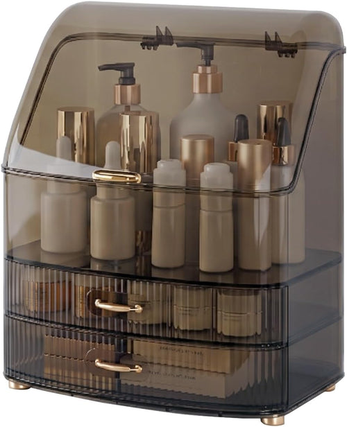 Makeup Organizer Countertop Vanity with Transparent Lid Drawers Waterproof Dustproof Cosmetic Skincare Bathroom Storage Gift for Women Teens Girls (Clear Black)