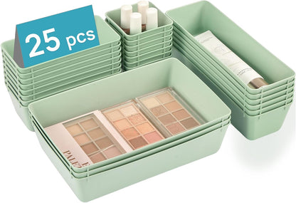 25 PCS Clear Plastic Drawer Organizers Set, 4-Size Versatile Bathroom and Vanity Drawer Organizer Trays, Storage Bins for Makeup, Bedroom, Kitchen Gadgets Utensils and Office