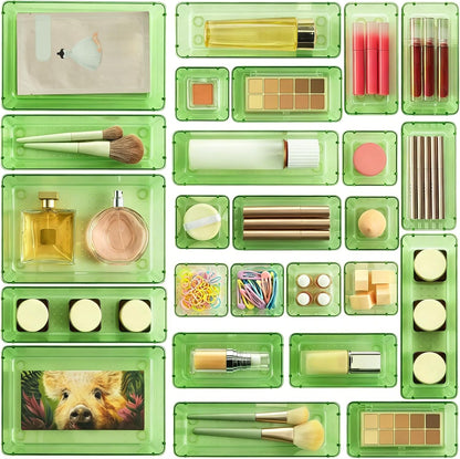 25 PCS Clear Plastic Drawer Organizers Set, 4-Size Versatile Bathroom and Vanity Drawer Organizer Trays, Storage Bins for Makeup, Bedroom, Kitchen Gadgets Utensils and Office